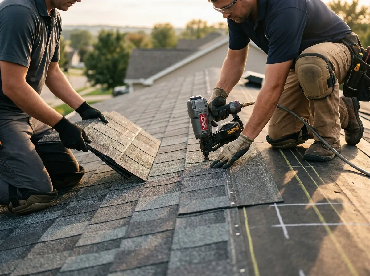 Professional roofer working on a residential roof in Lithia Springs